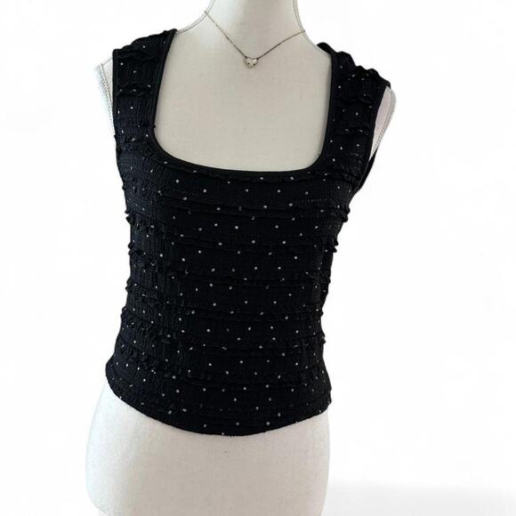West Of Melrose Tops - Black Tiered Ruffled White Polka Dot Square Neck Fitted Casual Going Out Top